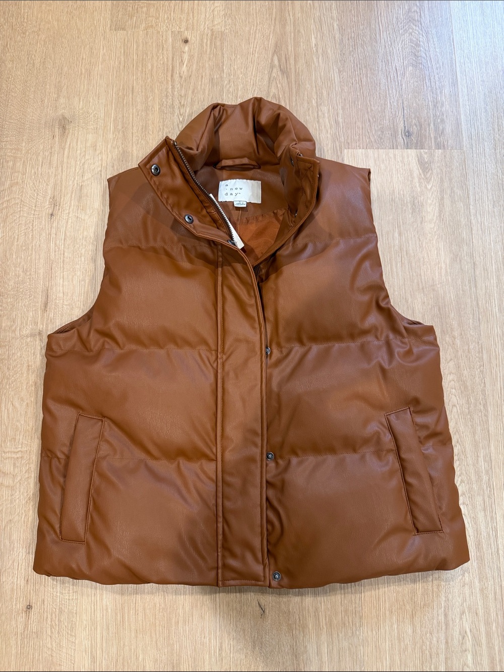 A New Day Puffer Faux Leather Sleeveless Vest - Tan/Brown- size S